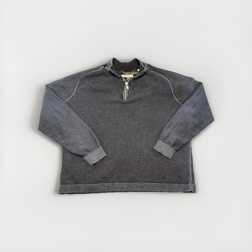 Tommy Bahama Waffle Knit 1/4 Zip Sweater Mens‎ XL Gray Black Long Sleeve Shirt